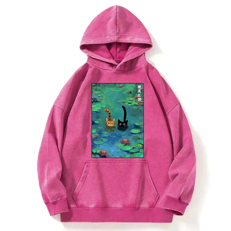 Kyoto-Lion Funny Cats Swimming In Lilies Washed Hoodie