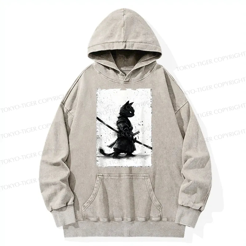 Kyoto-Lion Retro Cat Samurai Japanese Washed Hoodie
