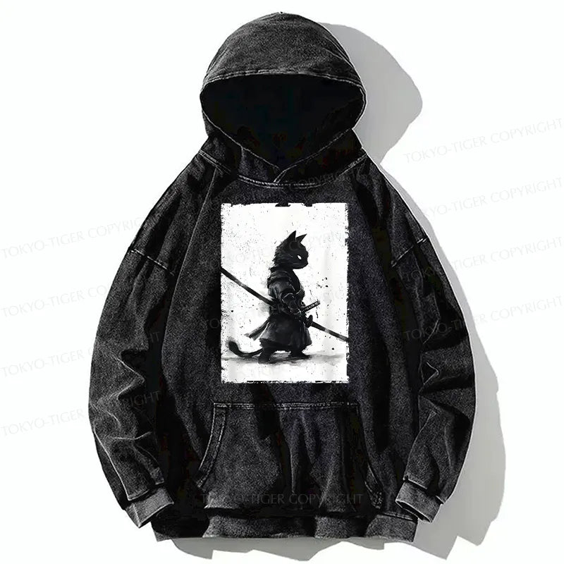 Kyoto-Lion Retro Cat Samurai Japanese Washed Hoodie