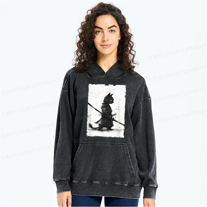 Kyoto-Lion Retro Cat Samurai Japanese Washed Hoodie
