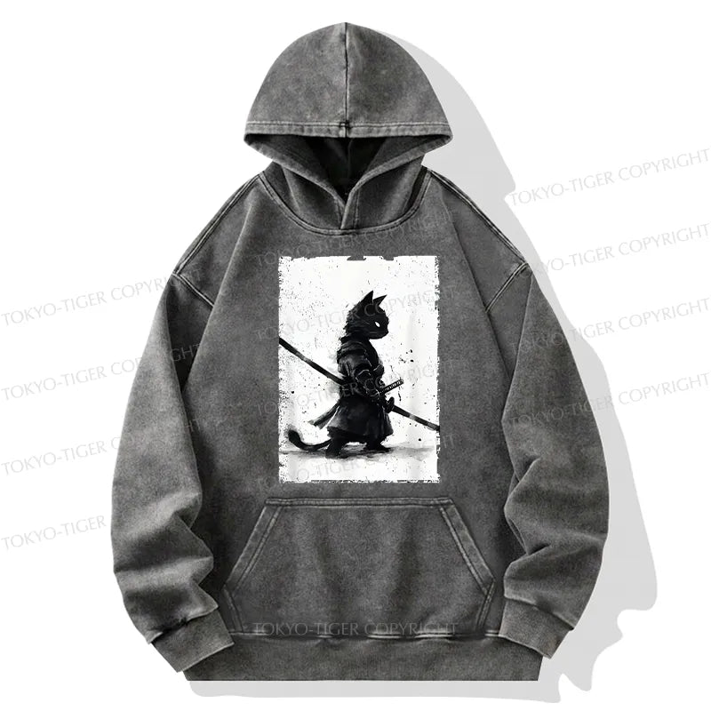 Kyoto-Lion Retro Cat Samurai Japanese Washed Hoodie