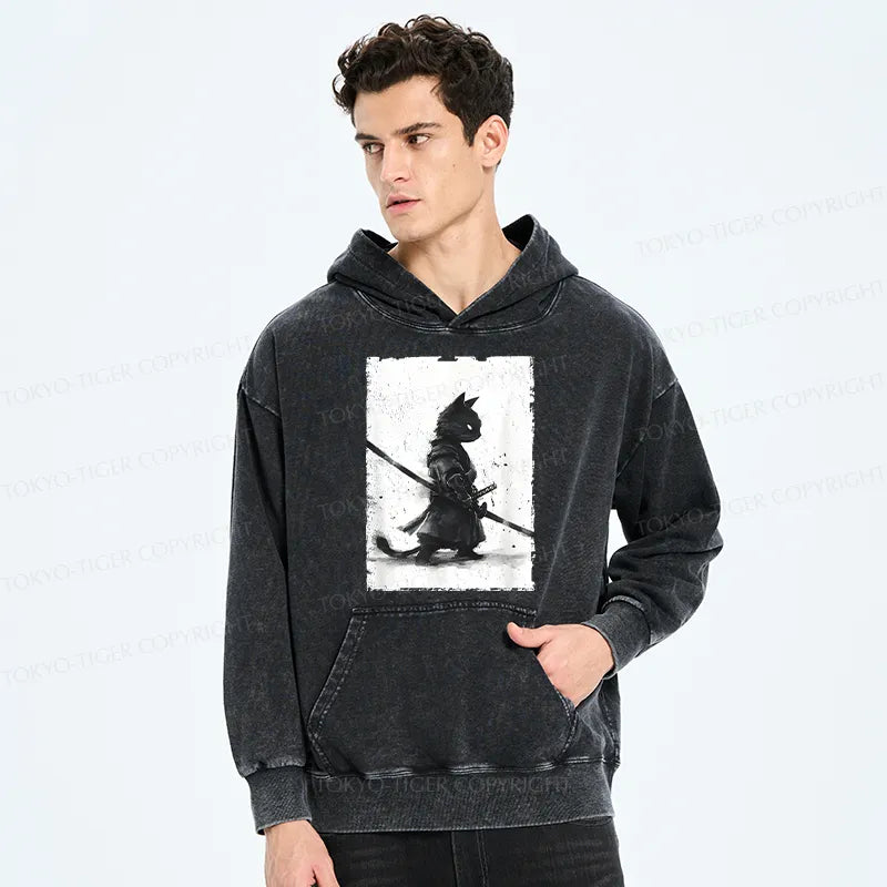 Kyoto-Lion Retro Cat Samurai Japanese Washed Hoodie
