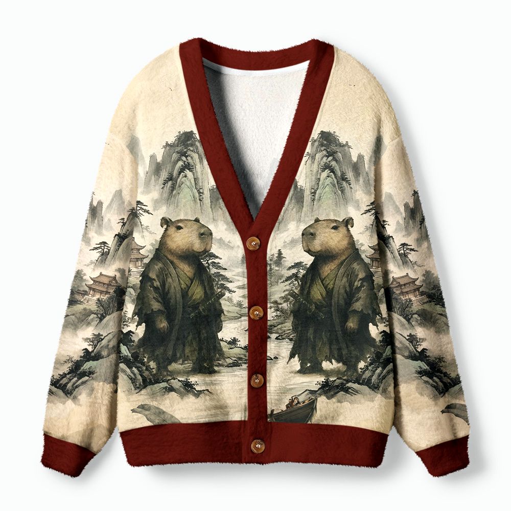 Kyoto-Lion Capybara Samurai Ugly Cardigan Sweater