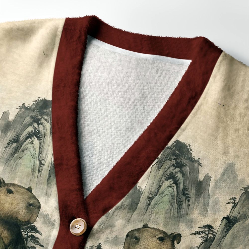 Kyoto-Lion Capybara Samurai Ugly Cardigan Sweater
