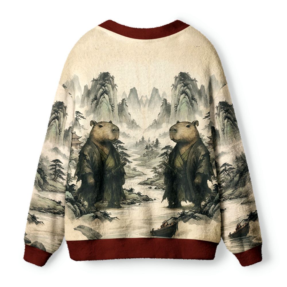 Kyoto-Lion Capybara Samurai Ugly Cardigan Sweater