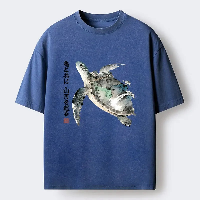 Kyoto-Lion Ink Wash Sea Turtle Art Washed T-Shirt