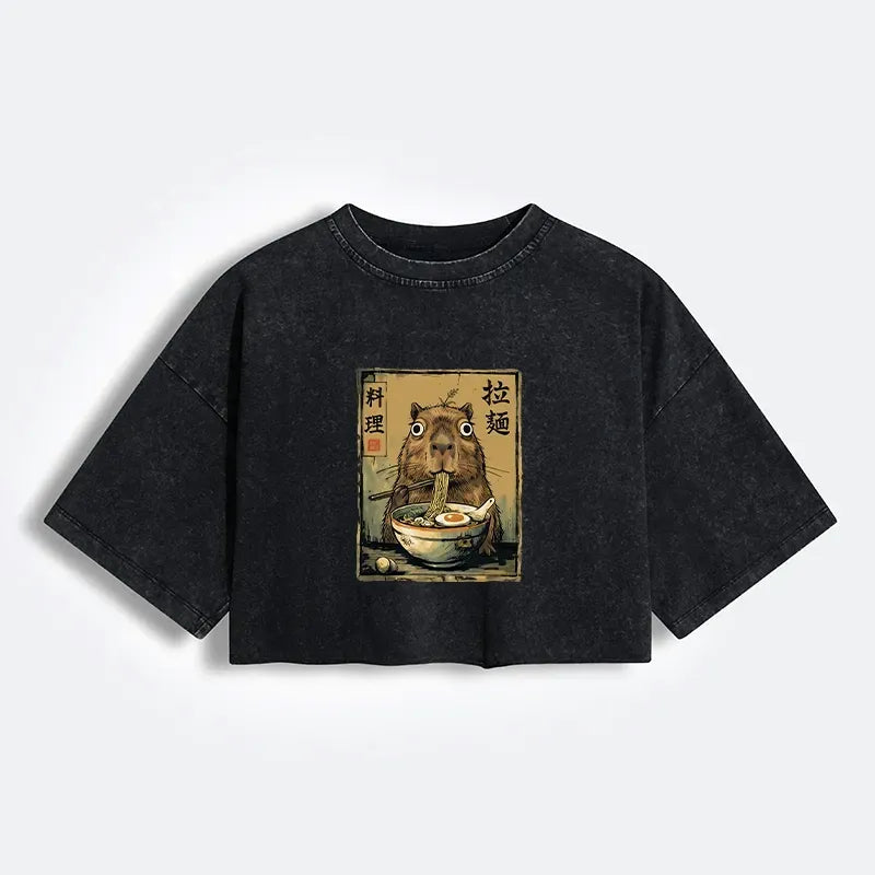 Kyoto-Lion Cute Capybara Eating Ramen Women's Washed Crop T-Shirt