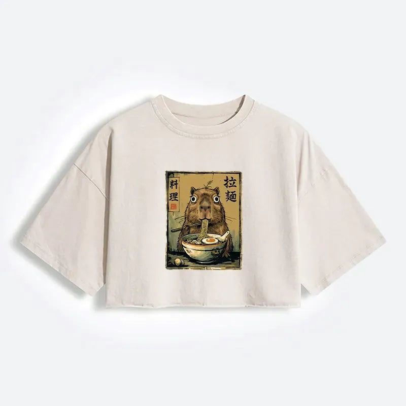Japanese Washed Women's Crop T-Shirt with Capybara