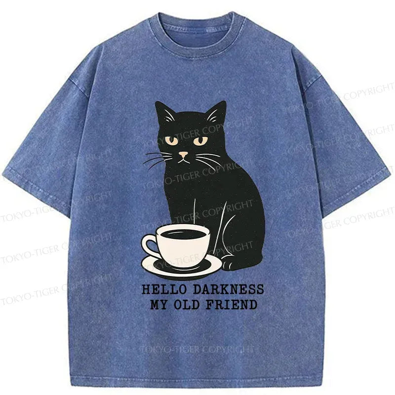 Kyoto-Lion Black Cat Drinking Coffee Washed T-Shirt