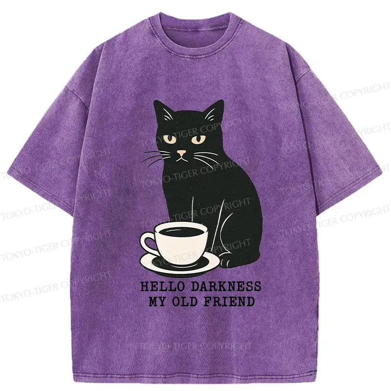 Kyoto-Lion Black Cat Drinking Coffee Washed T-Shirt