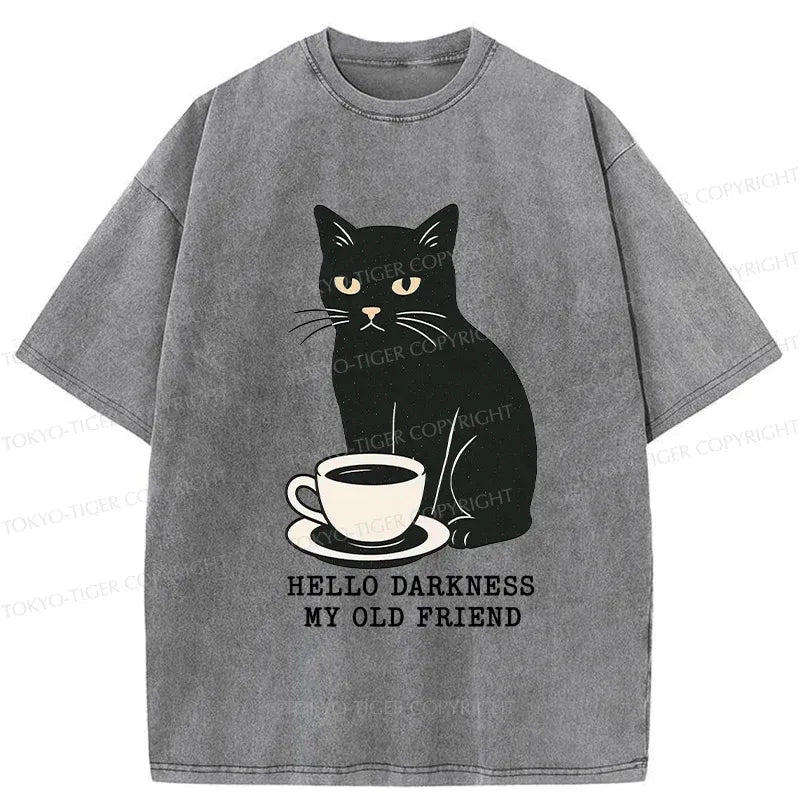 Kyoto-Lion Black Cat Drinking Coffee Washed T-Shirt