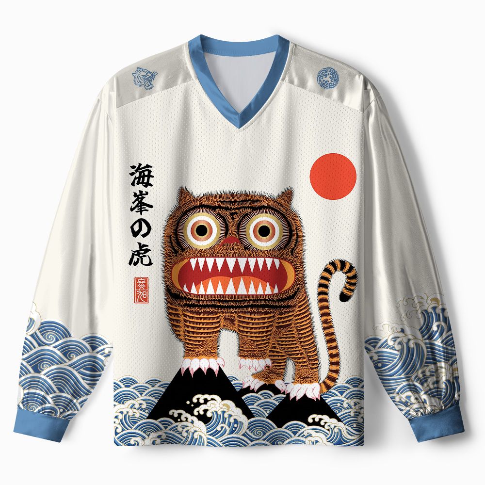 Kyoto-Lion Folk Art Tiger Standing On Waves Paneled Long Sleeve Jersey