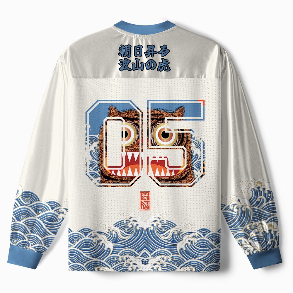 Kyoto-Lion Folk Art Tiger Standing On Waves Paneled Long Sleeve Jersey