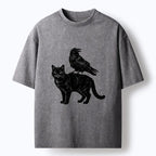 Kyoto-Lion Funny Meme About Spooky Cat And Crow Washed T-Shirt