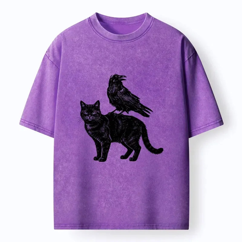 Funny Cat and Crow Washed T-Shirt