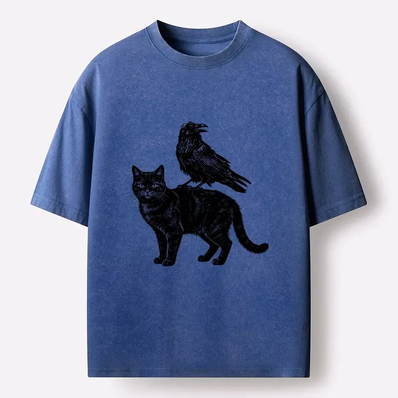 Kyoto-Lion Funny Meme About Spooky Cat And Crow Washed T-Shirt