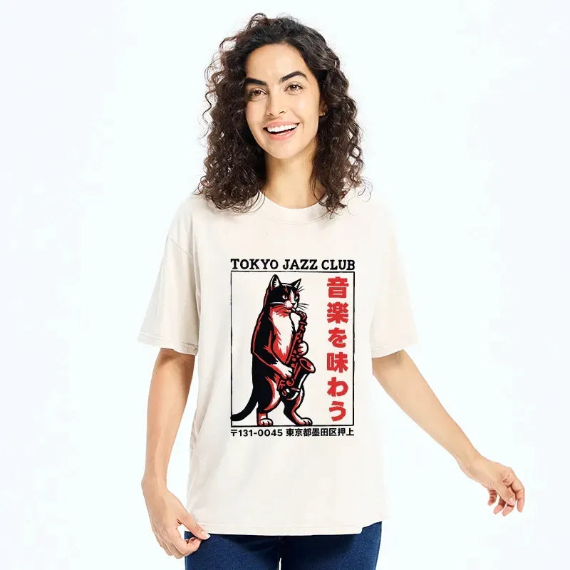 Kyoto-Lion Retro Jazz Cat Poster Washed T-Shirt