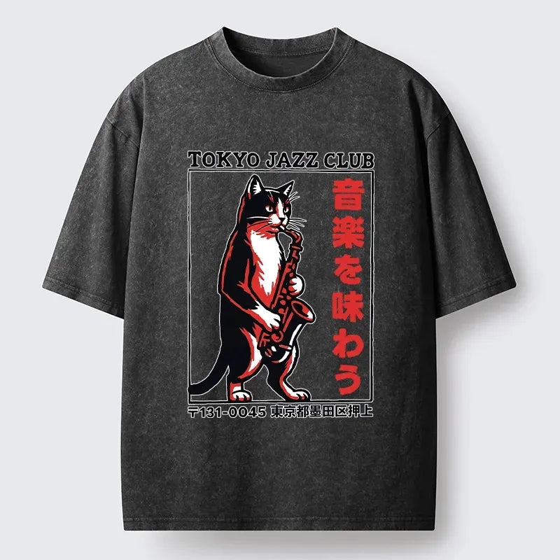Retro Jazz Cat Washed T-Shirt