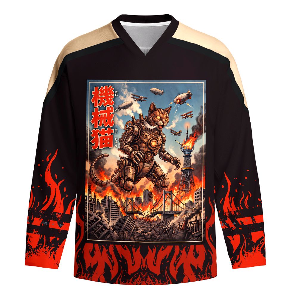 Kyoto-Lion Retro Steampunk Mecha Cat Monster Long-Sleeve Hockey Jersey