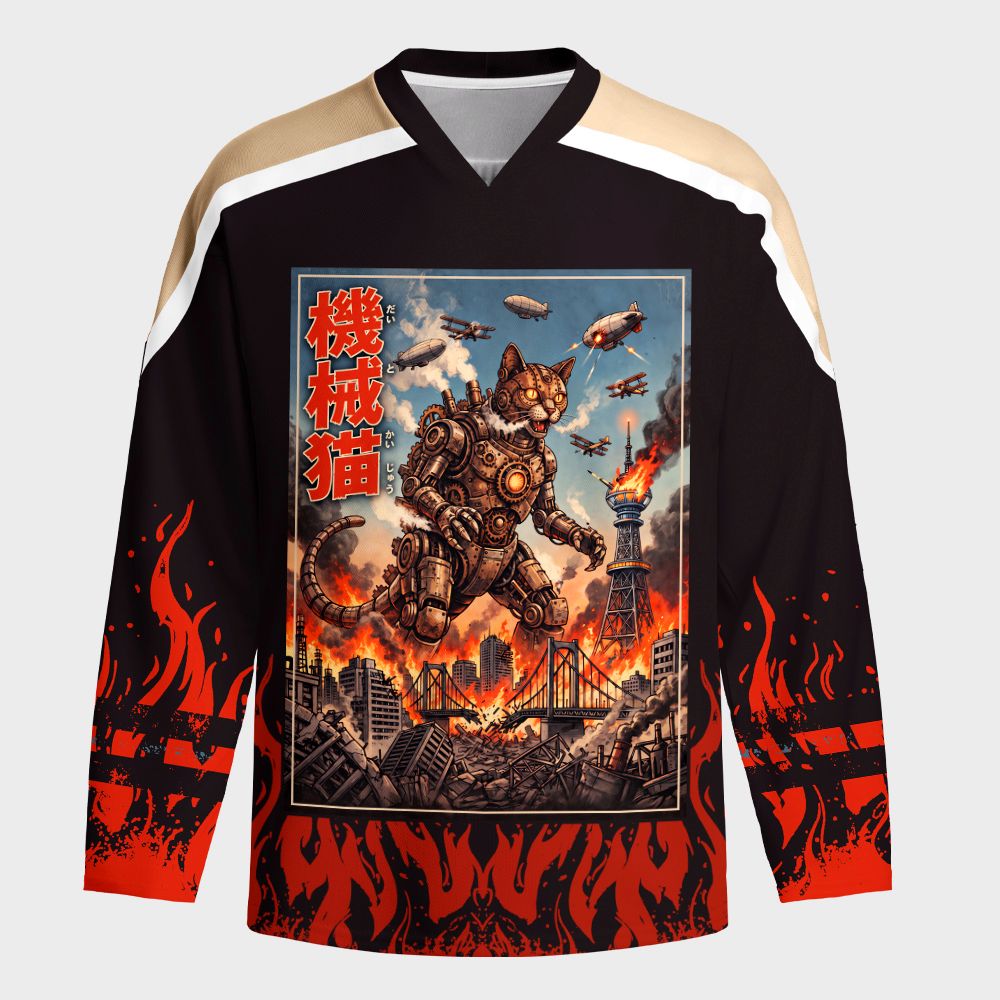Kyoto-Lion Retro Steampunk Mecha Cat Monster Long-Sleeve Hockey Jersey