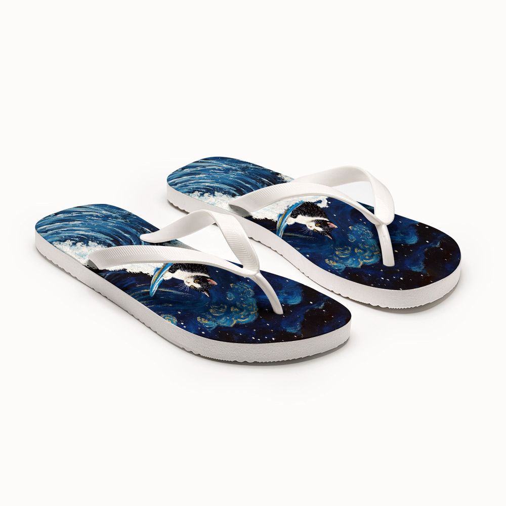 Retro Woodblock Print Cat Flip Flops Summer