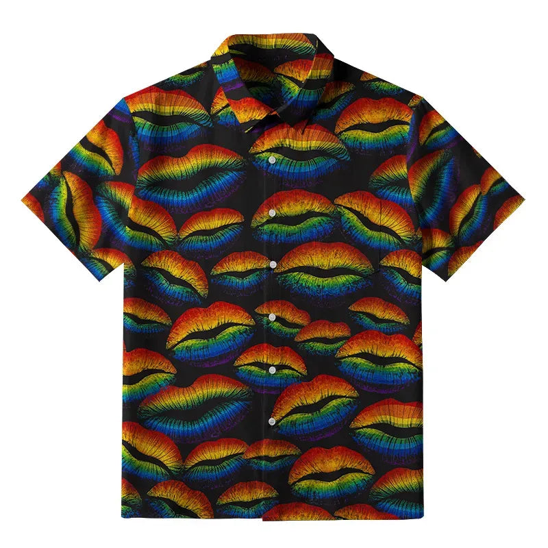 Kyoto-Lion Rainbow Lip Print Button-up Shirt