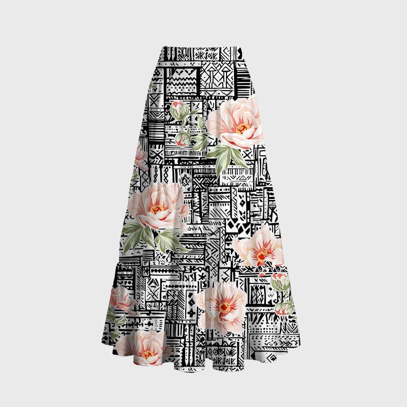 Kyoto-Lion Flowers In Line Art Maxi Skirt