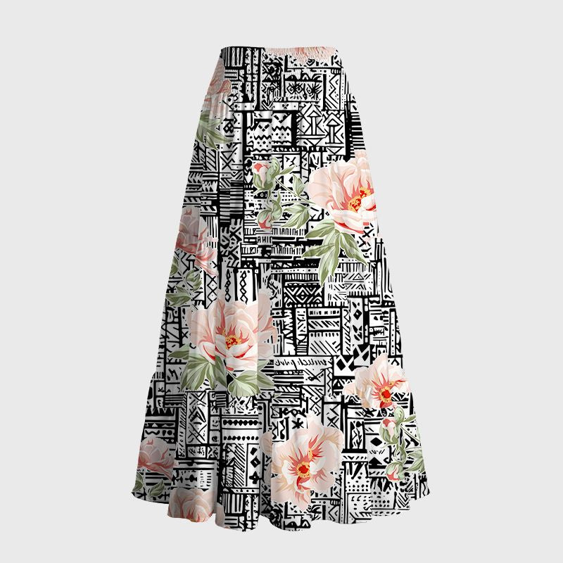 Kyoto-Lion Flowers In Line Art Maxi Skirt