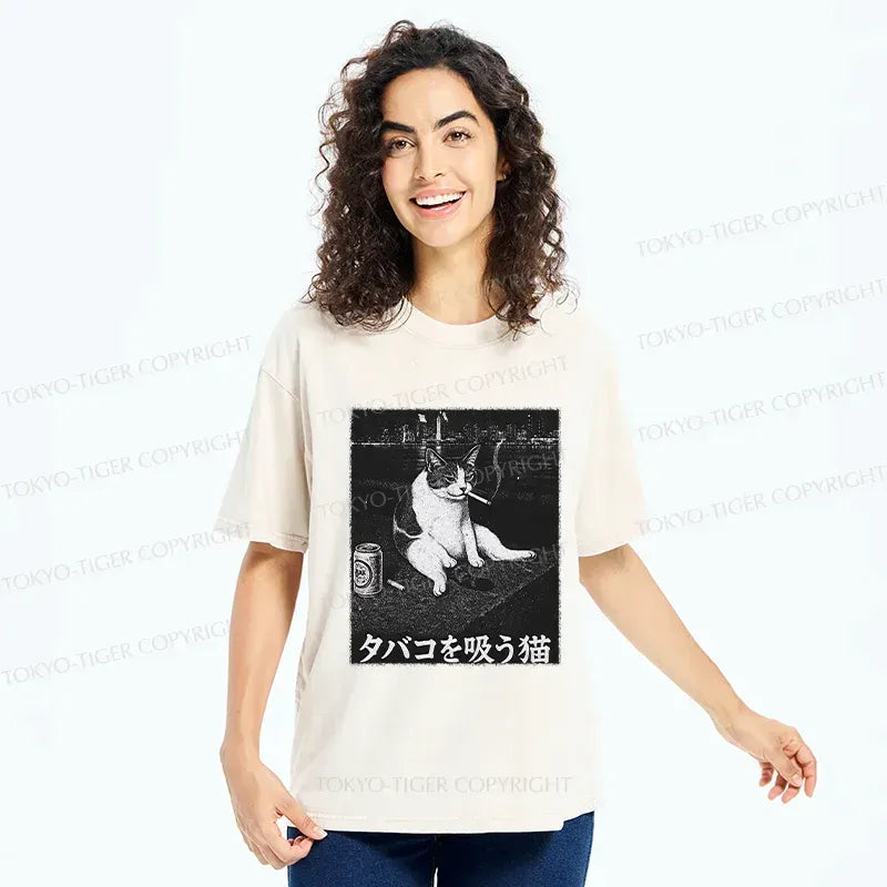 Kyoto-Lion Smoking Cat Funny Washed T-Shirt