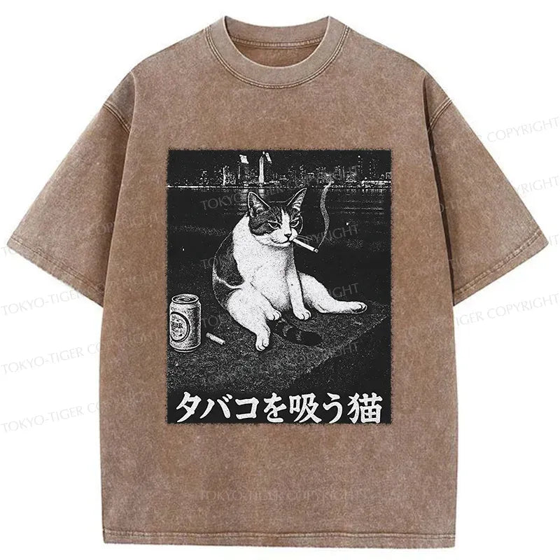 Kyoto-Lion Smoking Cat Funny Washed T-Shirt