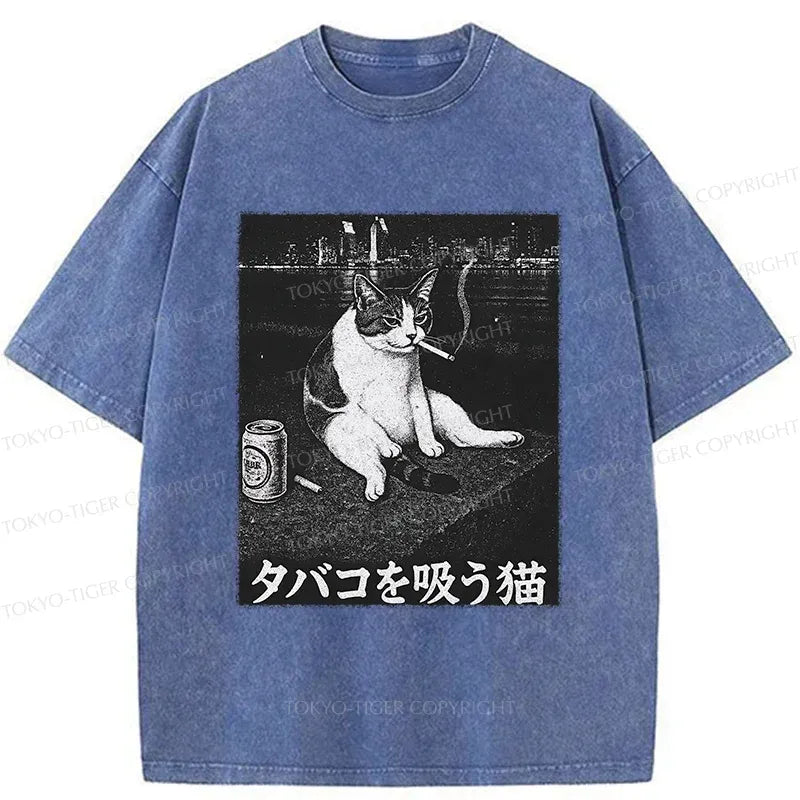 Kyoto-Lion Smoking Cat Funny Washed T-Shirt