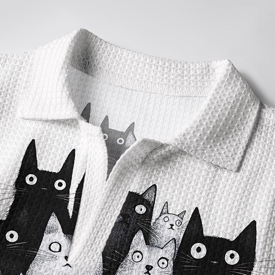 Kyoto-Lion Funny Cats' Gaze Crochet Polo Shirt