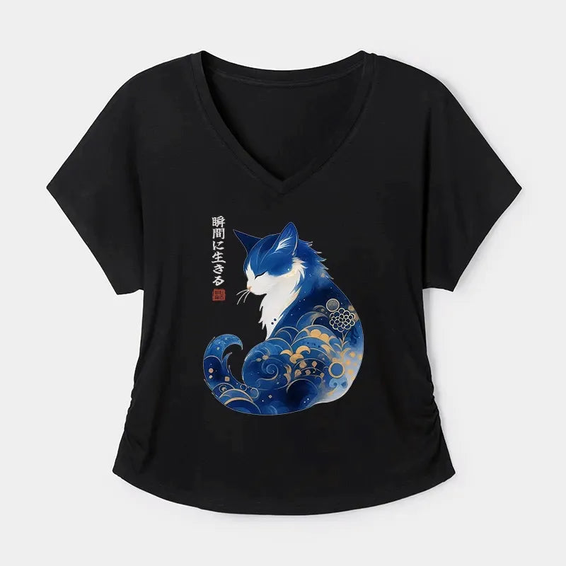 Retro Japanese Cat T-Shirt for Streetwear