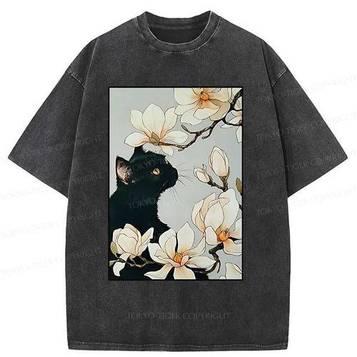 Woodblock Print Cat Washed T-Shirt