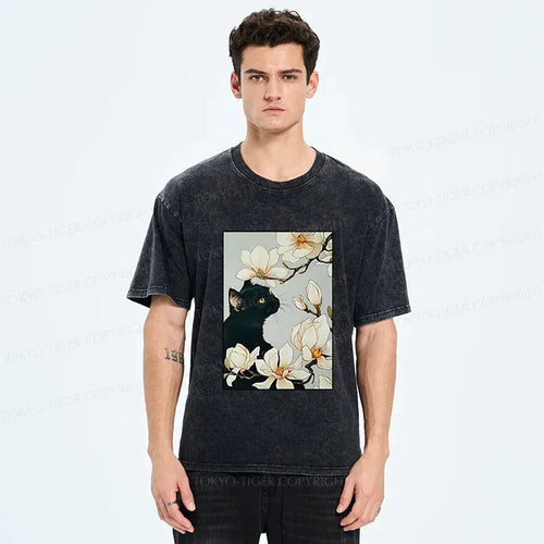 Unisex Cat T-Shirt with Magnolia Blossom