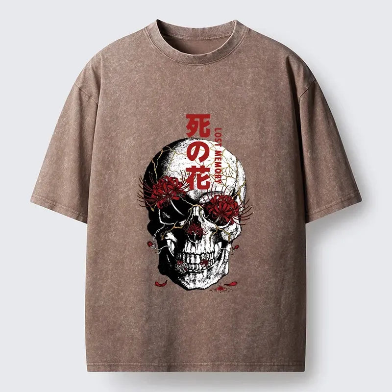 Kyoto-Lion Dark Goth Spider Lily Skull Art Washed T-Shirt