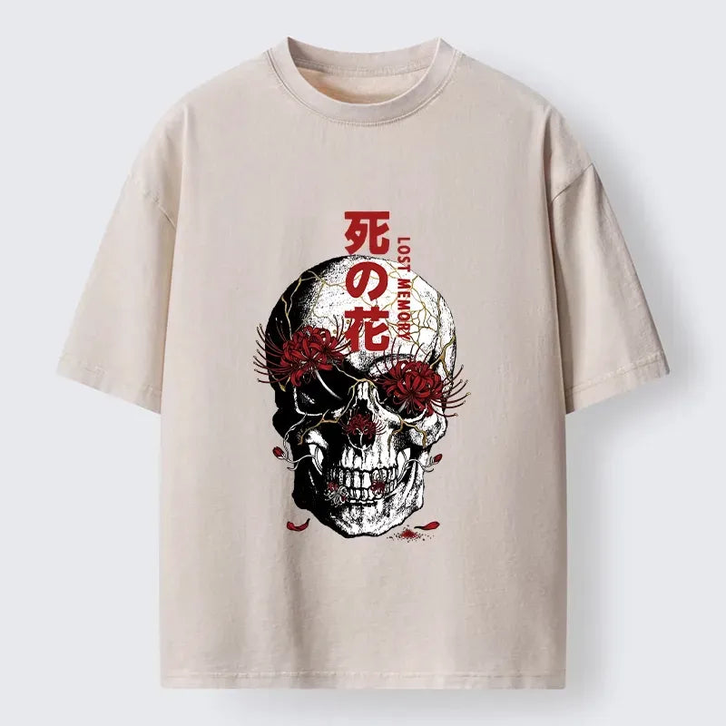 Kyoto-Lion Dark Goth Spider Lily Skull Art Washed T-Shirt