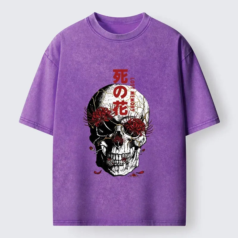 Kyoto-Lion Dark Goth Spider Lily Skull Art Washed T-Shirt