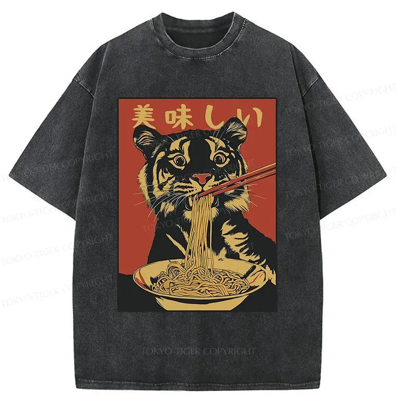 Kyoto-Lion Tiger Eating Delicious Ramen Washed T-Shirt