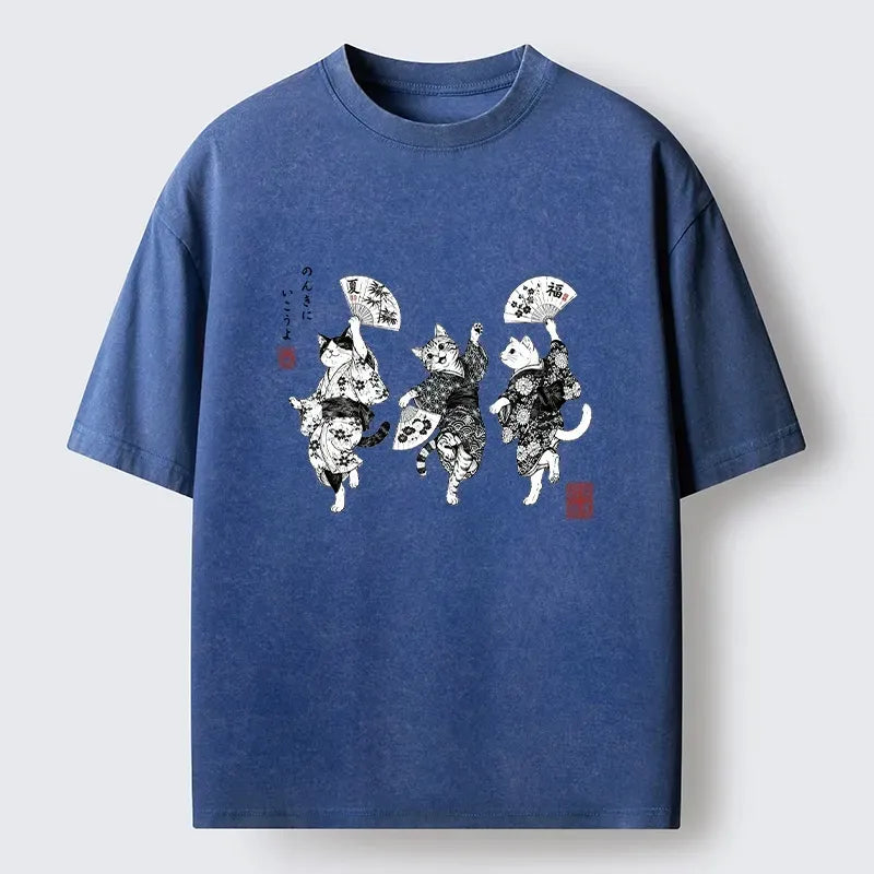 Kyoto-Lion Three Kimono Cats Dance Happily Washed T-Shirt