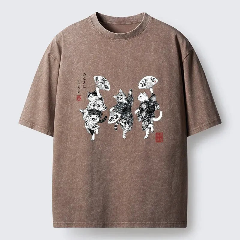 Kyoto-Lion Three Kimono Cats Dance Happily Washed T-Shirt