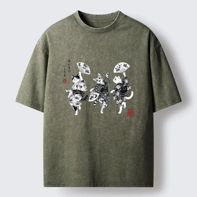 Kyoto-Lion Three Kimono Cats Dance Happily Washed T-Shirt