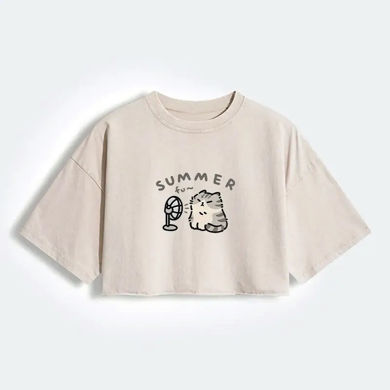 Japanese Cat Crop T-Shirt for Summer