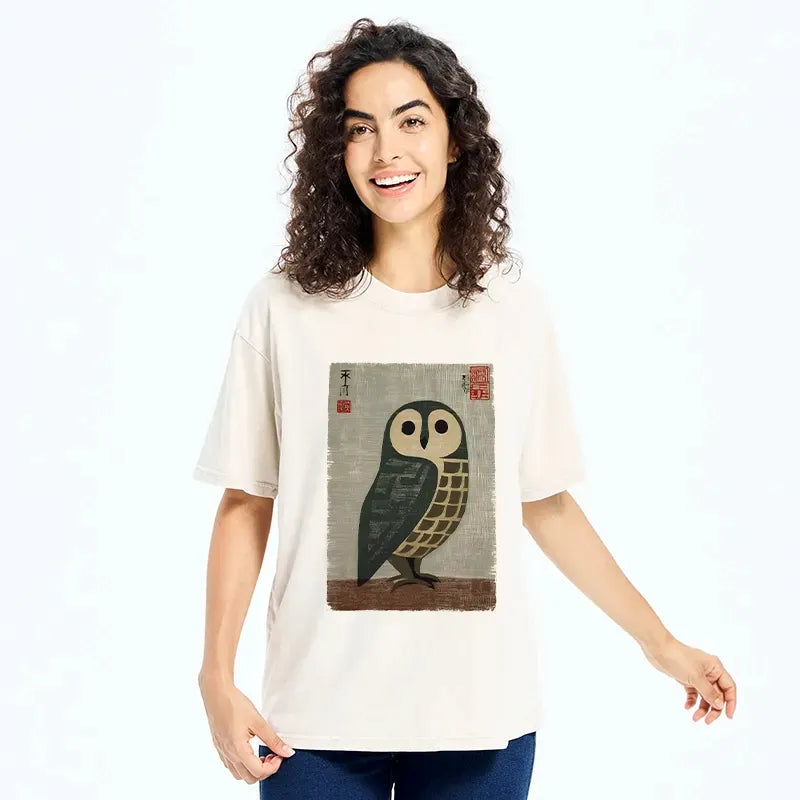 Kyoto-Lion Traditional Owl In Japanese Art Washed T-Shirt