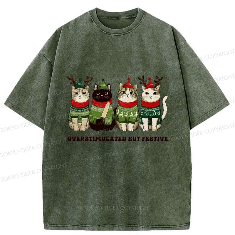 Kyoto-Lion Overstimulated But Festive Cat Christmas Washed T-Shirt