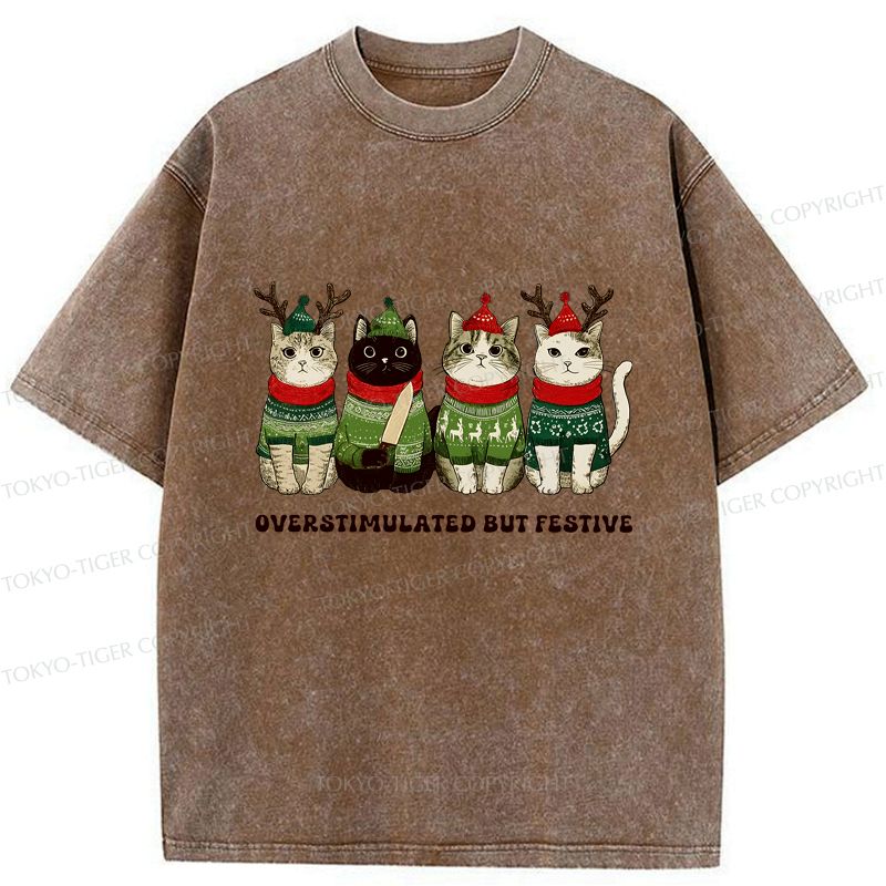 Kyoto-Lion Overstimulated But Festive Cat Christmas Washed T-Shirt