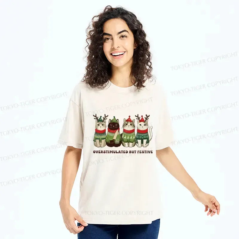 Kyoto-Lion Overstimulated But Festive Cat Christmas Washed T-Shirt