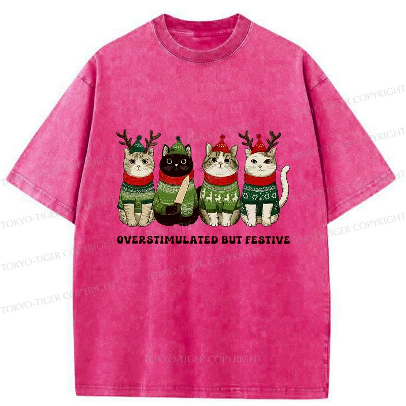 Kyoto-Lion Overstimulated But Festive Cat Christmas Washed T-Shirt