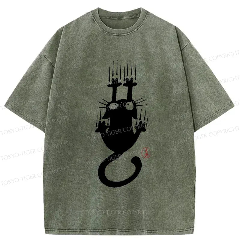 Kyoto-Lion Climbing Black Cat Washed T-Shirt