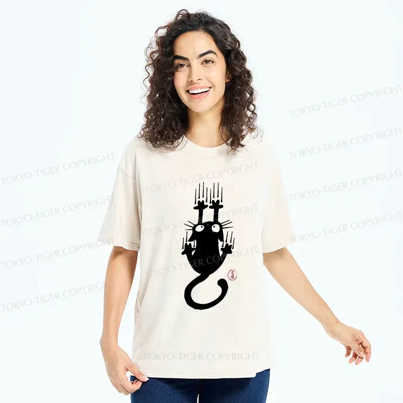 Kyoto-Lion Climbing Black Cat Washed T-Shirt